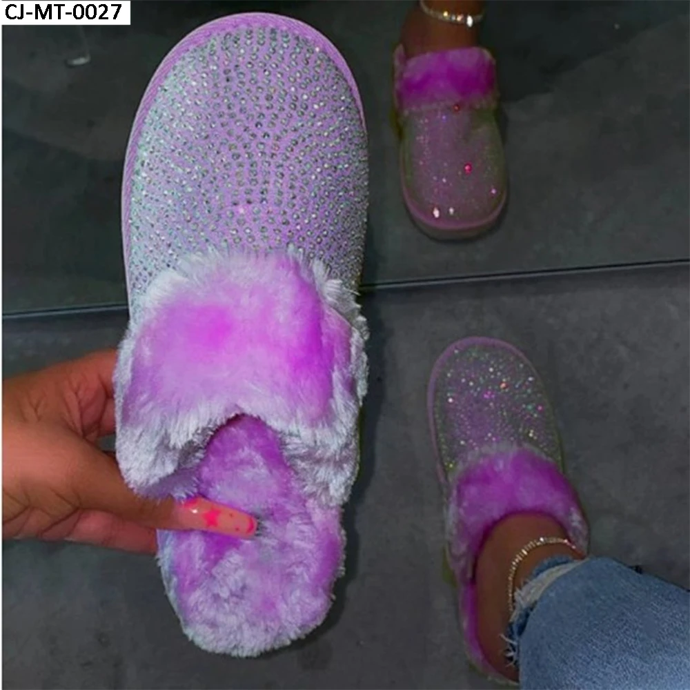 

Superstarer Furry Faux Fur Slides Slippers, Platform Rhinestone Clog Foam Slipper