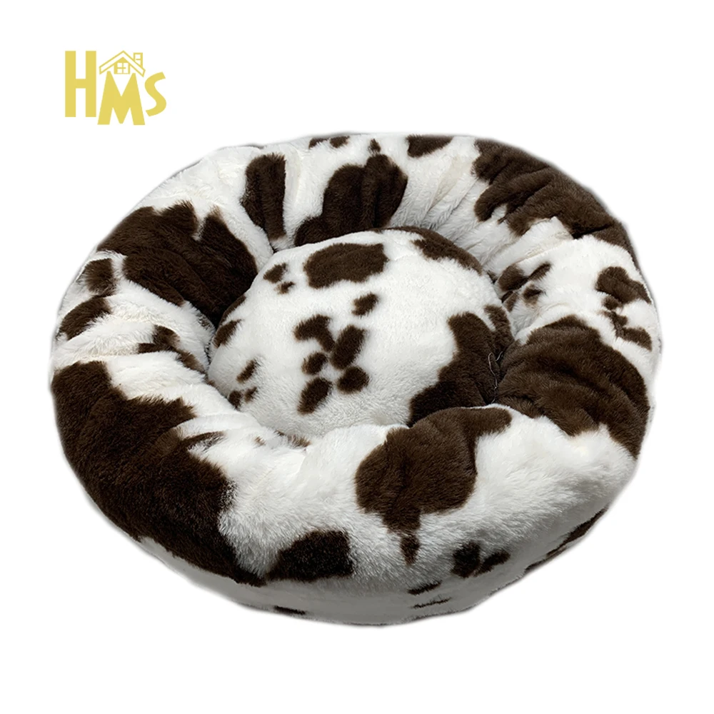 

HMS Pet Product China Super Factory Wholesale Custom Indoor Designer Cow Luxury Round Funny Small Cat Pet Dog Bed Washable, Picture