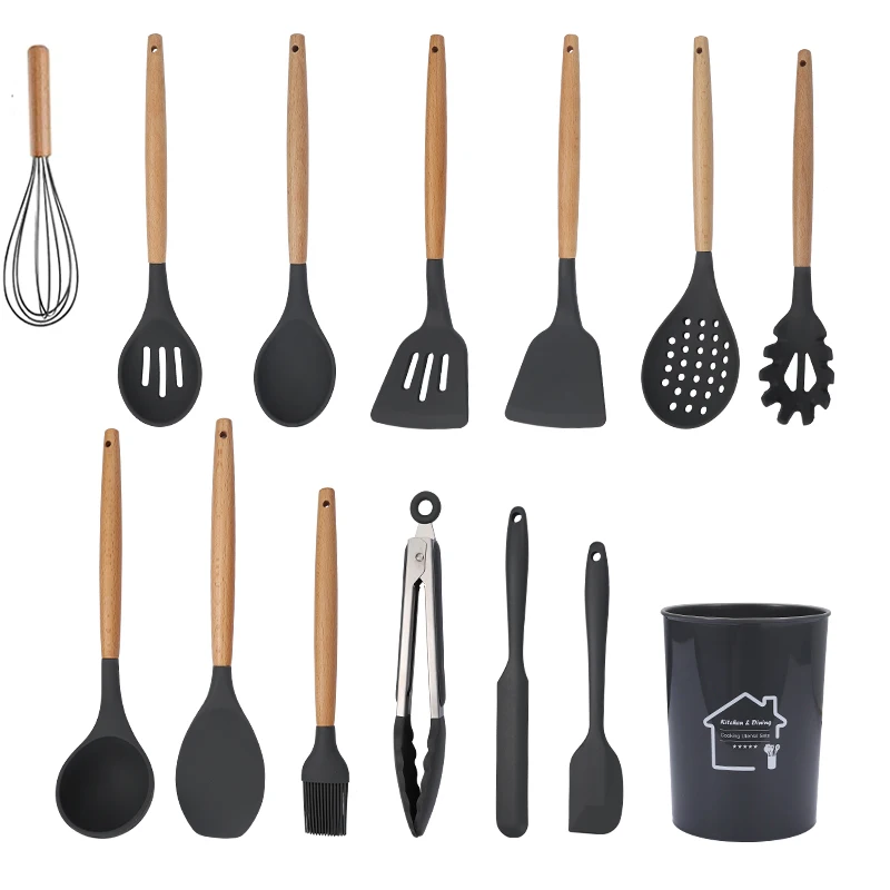 

Amazon hot sale food grade cooking tools kitchenware silicone cooking utensil sets with wooden handle spoon turner spatula tong, Grey