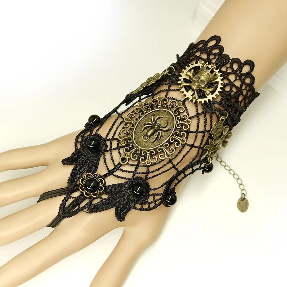 

Ladies black lace gloves Retro fashion Personality spiderweb bracelet Halloween accessories, Gold