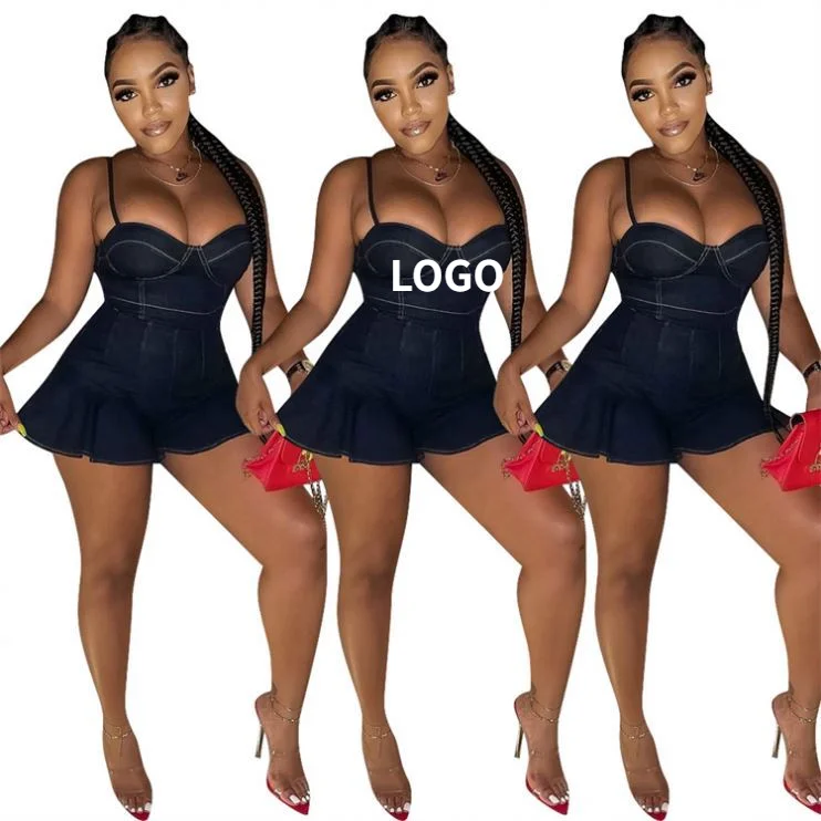 

Good Quality Suspender Black Ruffles Summer Bodycon Short Rompers Women Denim Jean One Piece Jumpsuits