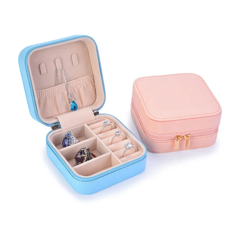 

Custom Logo Small Travel Jewelry Box Lady PU Leather Zipper Closure Earring Jewelry Storage Box Travel Jewelry Organizer