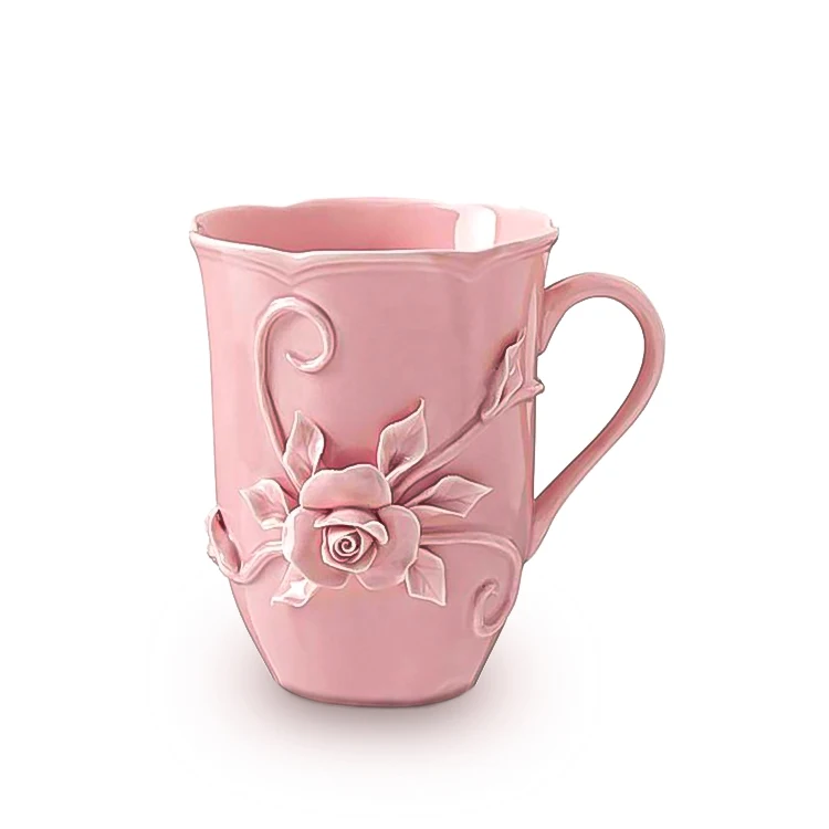 

Handmade Three-dimensional Garden Rambling Rose Under Glazed Porcelain Coffee Mugs, Pink