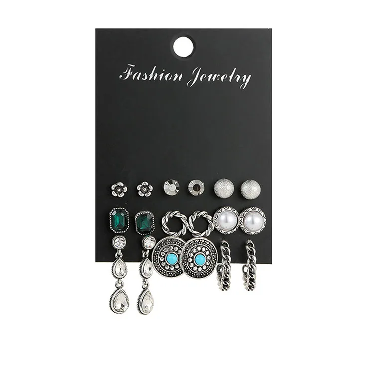 

2020 New Rhinestone Antique Silver Crystal Cheap Earring Sets 9 pairs For Women
