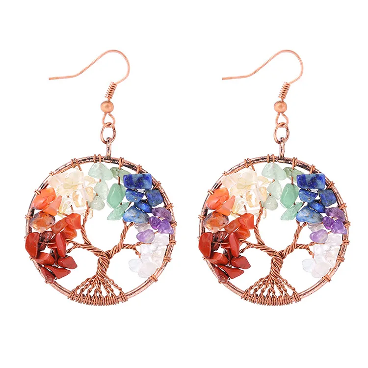 

Ladies Trendy Fashion Cabala 7 Chakra Natural Stone Tree Of Life Pendant Earrings Jewelry For Women, Antique gold plated, silver plated