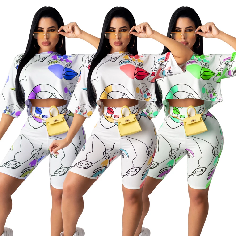 

Spring and summer new casual fashion trend printed short sleeve shorts two sets