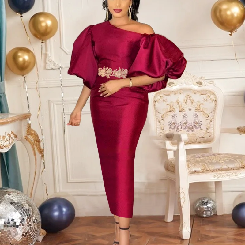 

2022 Winter Long AOMEI Christmas Applique African Women Evening Dress, Claret