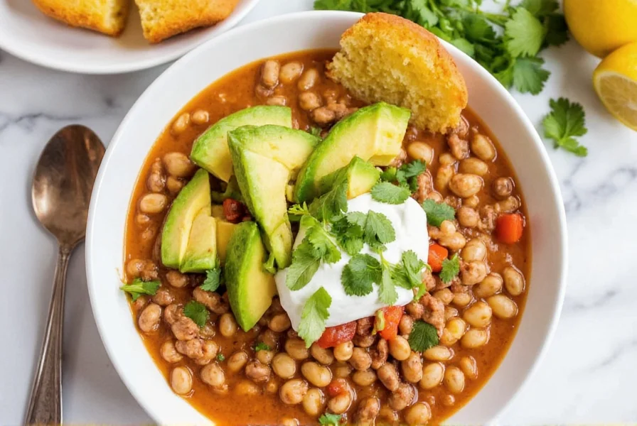 White bean turkey chili served in bowl with avocado, Greek yogurt, and cilantro toppings alongside cornbread