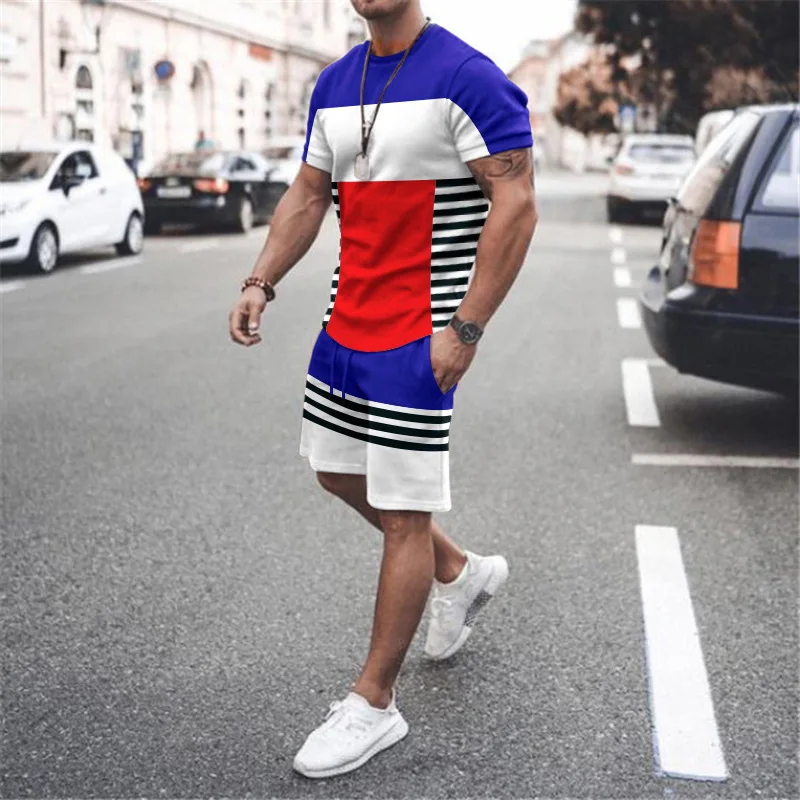 

Men 2 Piece Custom Tracksuit Crew Neck Colorblock T-Shirt Sports Two Piece Short Sleeves Joggers Two Piece Men'S Shorts Set, Customized color