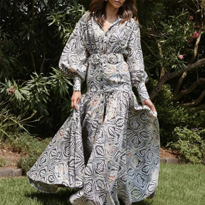 

A4315 New Arrivals 2020 Long Sleeve Belted Floral Print Casual Boho Maxi Dress Elegant