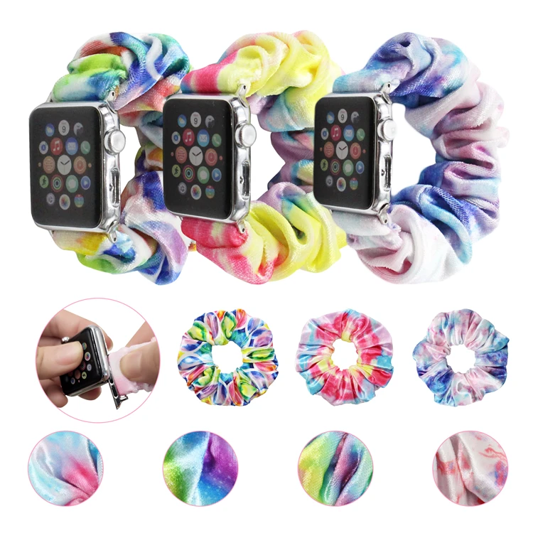 

Fashion Wholesale Rainbow Series Gradients Colorful Elastic Band Customized Scrunchies Leather Apple Watch Band, Various colors to you choose