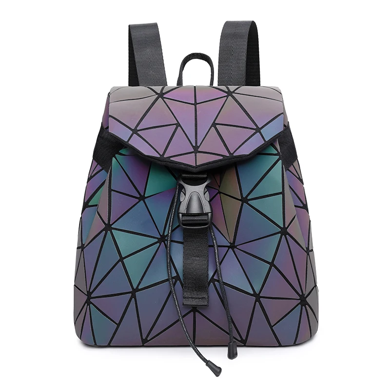 

Women Backpack Laser Luminous Backpack Geometric Leather Bag Folding Student School Bags for Teenage Girls holographic bag