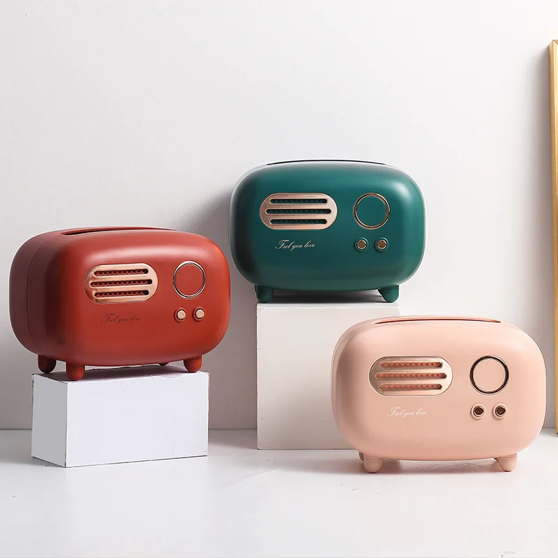 

living room retro radio shape extraction storage box plastic paper towel dispensers facial tissue box, Blue green red pink