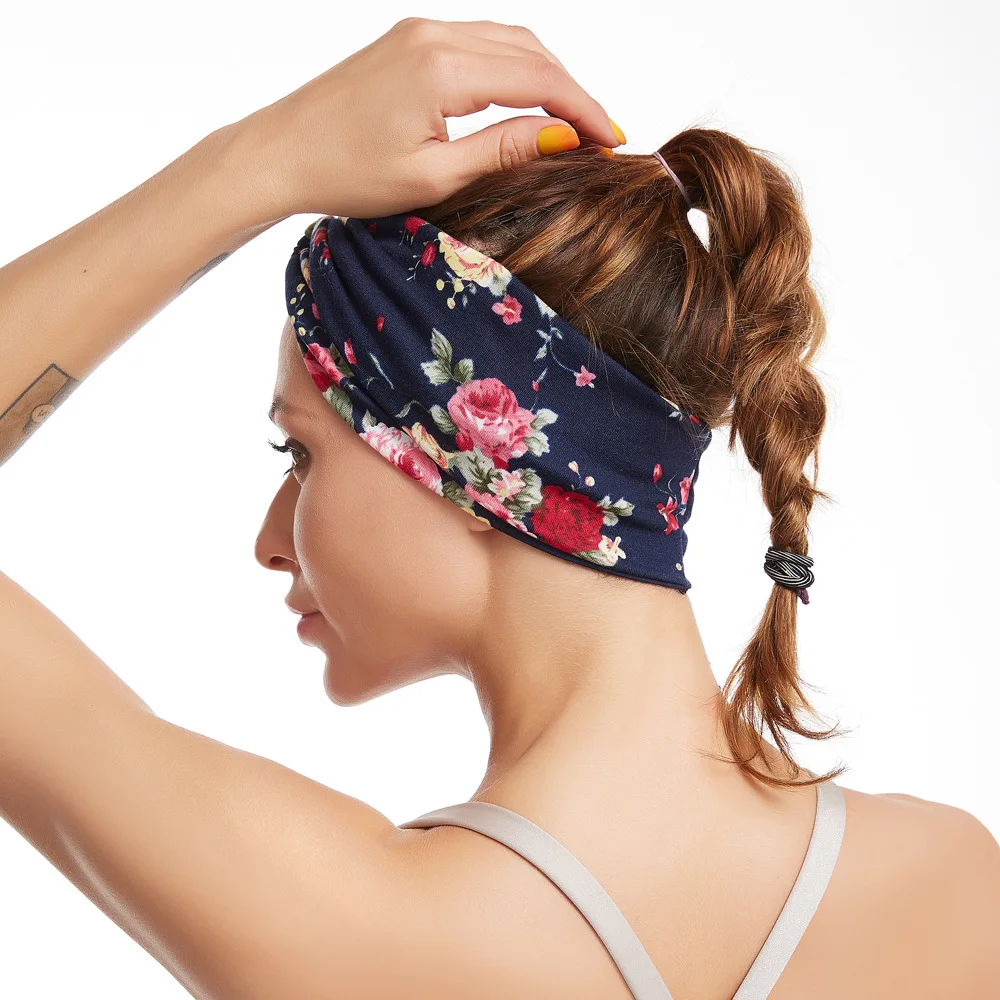 
Fashion girl hairband cross knot flower print elastic twist hairband 