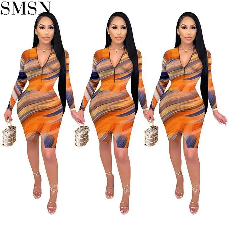 

Good Quality Print Long Sleeves V Neck Short Sexy Bodycon Dress Party Prom Dresses