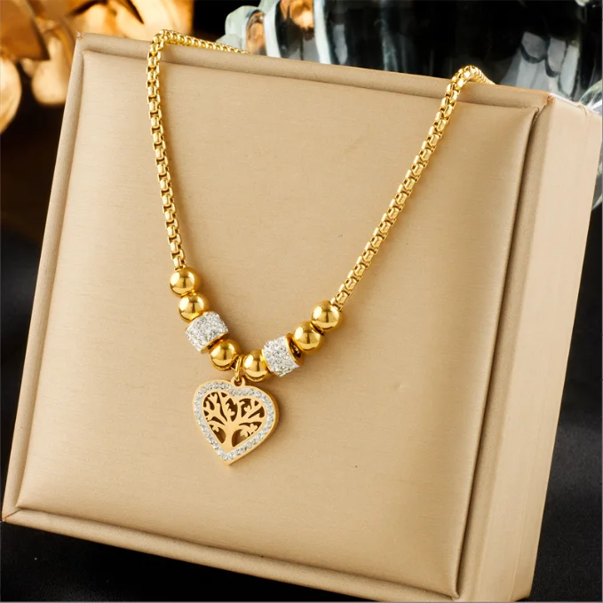 

Stainless Steel Heart-Shaped Tree Pendant Necklace For Women New Fashion gold color Beads Choker Chains Jewelry Gift Party