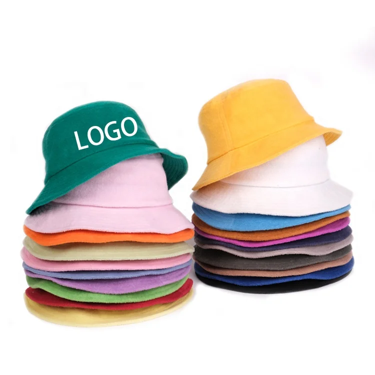 

2021 Custom Logo Designer Print Blue Green Blank Cotton Adult Unisex Terry Cloth Toweling Bucket Hats