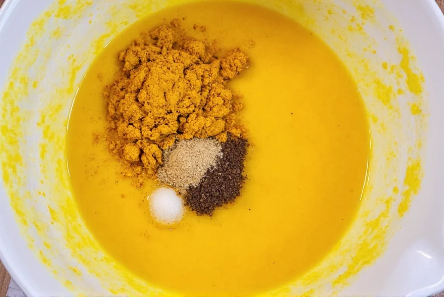 Golden paste preparation for dogs showing turmeric powder, coconut oil, and black pepper in mixing bowl