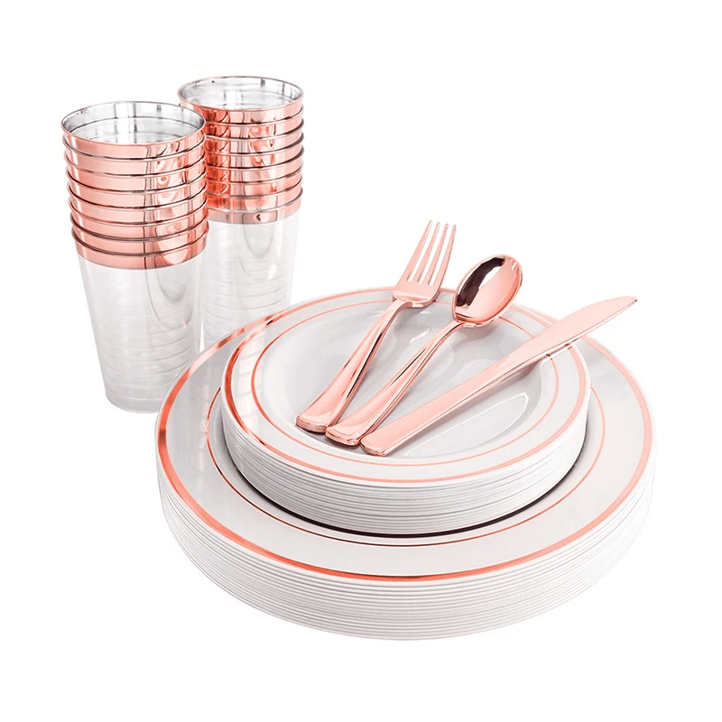 

Wholesale Cheap 10 Guests Disposable Plastic Dish Plates Cutlery Set Disposable Plates For Wedding Picnics Dinner Birthday Party, Rose gold/gold