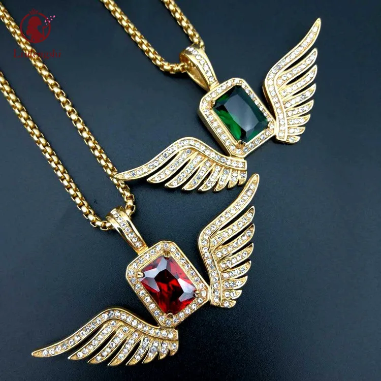 

Stylish Hip Hops Iced Out Crystal Necklace Stainless Steel Micro Inlay Colored Zircon Angel Wings Pendant Necklace