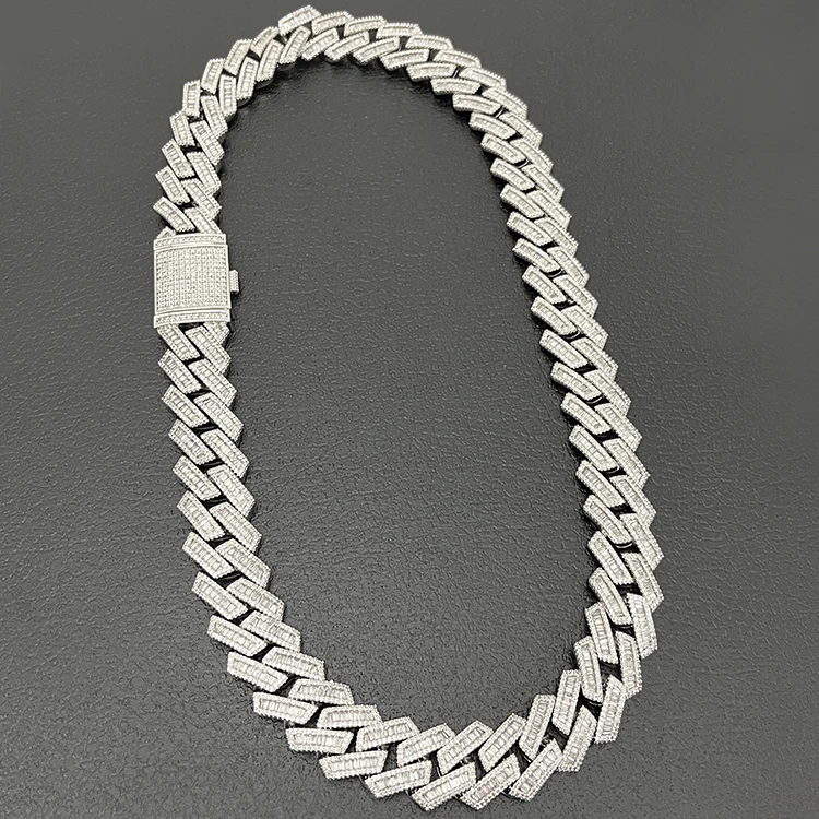 

Customized 20mm white gold plated S925 cuban chain necklace vvs moissanite baguette cuban link chain moissanite