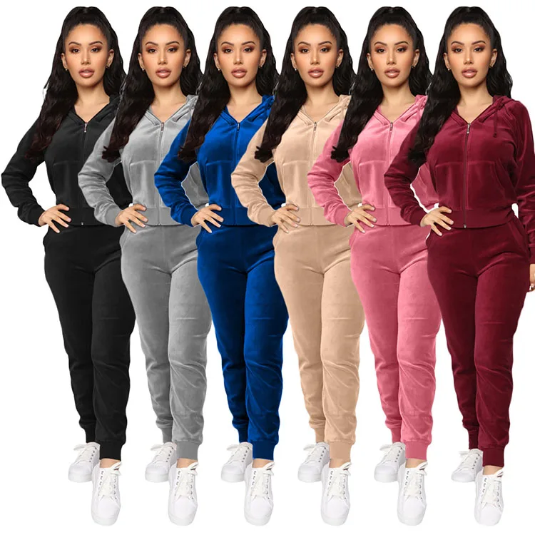 

New arrivals 2020 clothing long sleeve active jogger set women fitted hooded gym tracksuit velour set womens sweat suits, Picture