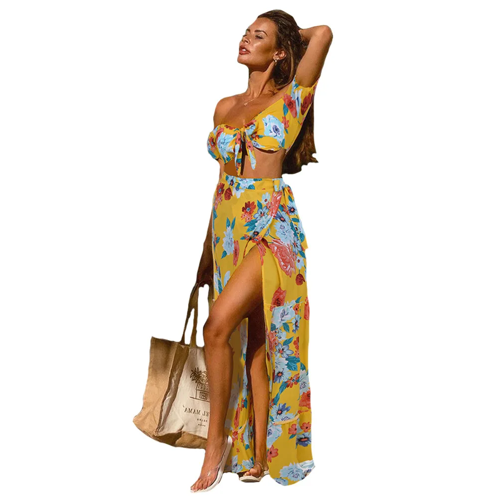 

2020 New Backless Off The Shoulder Bandage V Neck Floral Crop Top High Split Boho Beach Maxi Dress Two Piece Skirt Set For Lady