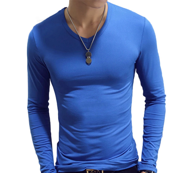 

White Solid Color Slim Men T-shirt Spring Autumn Modal Undershirt Bottoming Shirt Men V-neck Casual Tops Long-sleeve Shirts, Customizable color