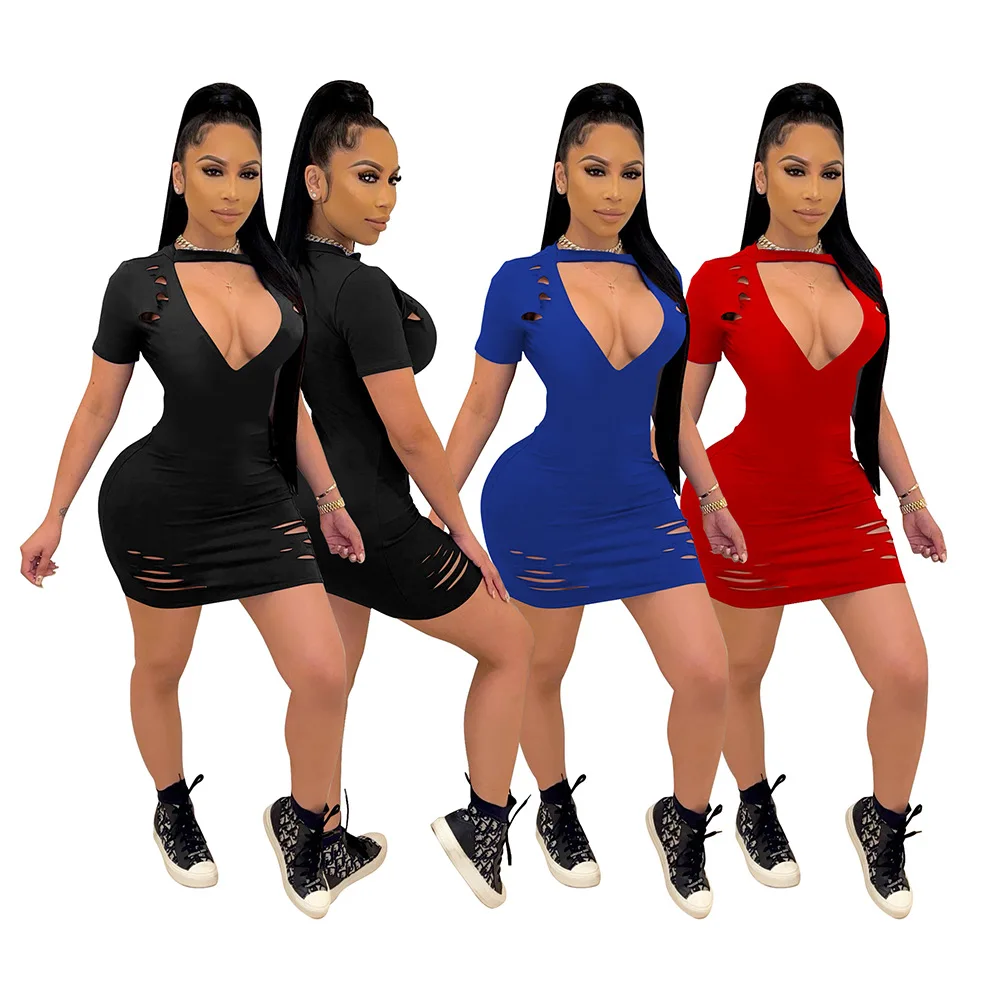 

Factory wholesale 2021 summer sexy hot charming deep V-neck hole dress milk silk pure color short skirt