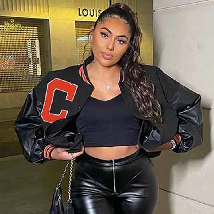 

Casual Letter Baseball Jacket Women Long Sleeve Coats For Ladies Black Bomber Jackets