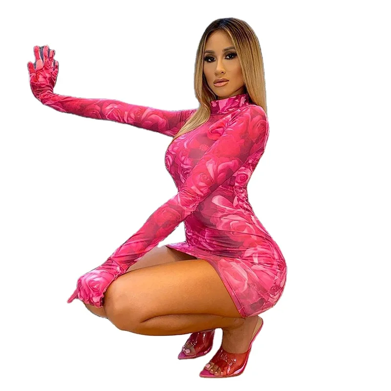 

2021 long sleeve floral print sexy bodycon mini dress with gloves summer women fashion streetwear outfits sundress