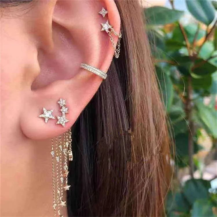 

Fashion Five-pointed Star Tassel Super Flash Diamond Stud Earrings White Diamond Star Earrings Ear Clip Set