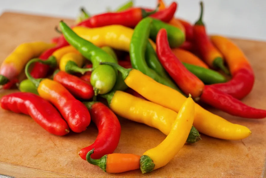 Close-up of various chili peppers showing different colors and shapes on wooden cutting board