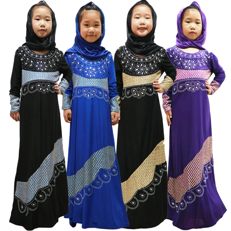 

2019 High Quality Muslim Abaya Kimono Colorful Shining Kids Girls Abaya Hijab Dress, Mixed colors