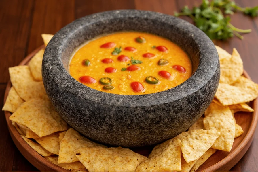 Authentic chili con queso in a traditional stone molcajete with tortilla chips arranged around it, vibrant orange cheese dip with visible diced tomatoes and green chilies