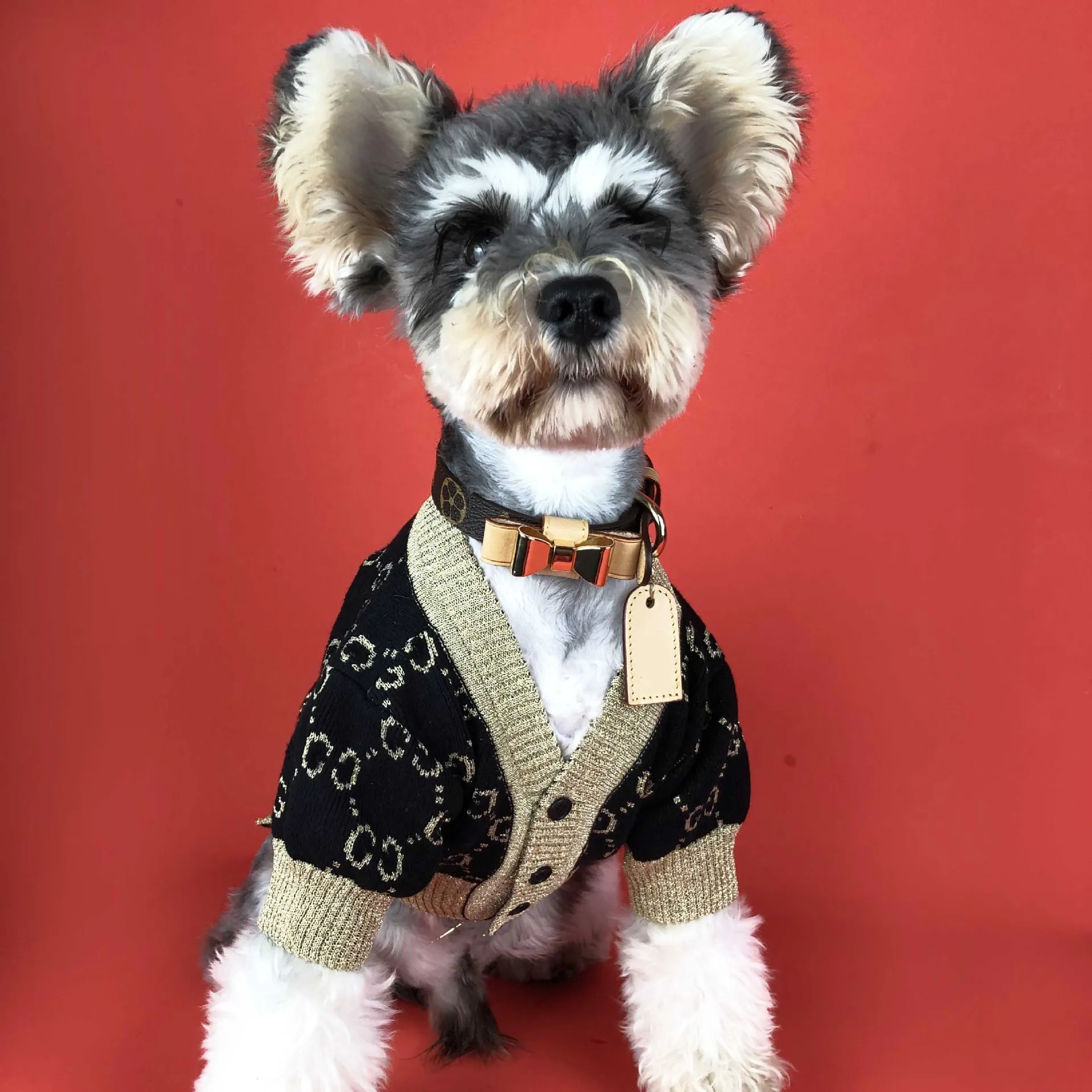

luxury pet apparel Dog cat black gold cardigan fashion brand sweater Branded clothes, As picture