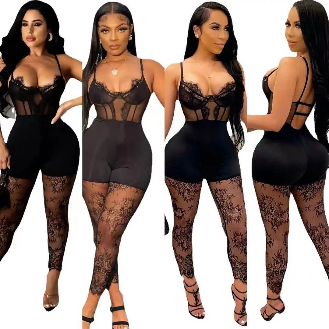 

OR-QJ5259 Fashionable new design cartilage girdle lace bodycon romper jumpsuit adjustable suspenders jumpsuit, Black