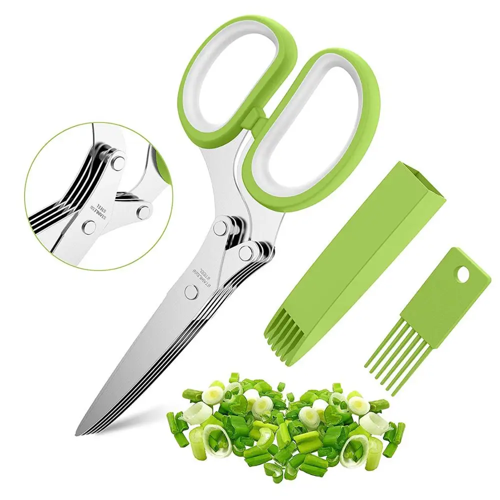 

7.5"Multipurpose Kitchen Chopping Shear Professional Stainless Steel 5 Blade Kitchen Vegetable Scissors Herb Scissors With Comb, Green