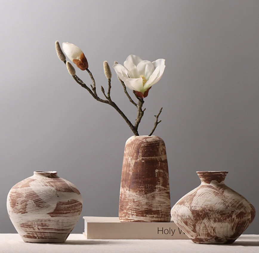 Small Bohemian Floor Vase Brown Ceramic Rough Pottery Creative Flower Arrangement for Living Room