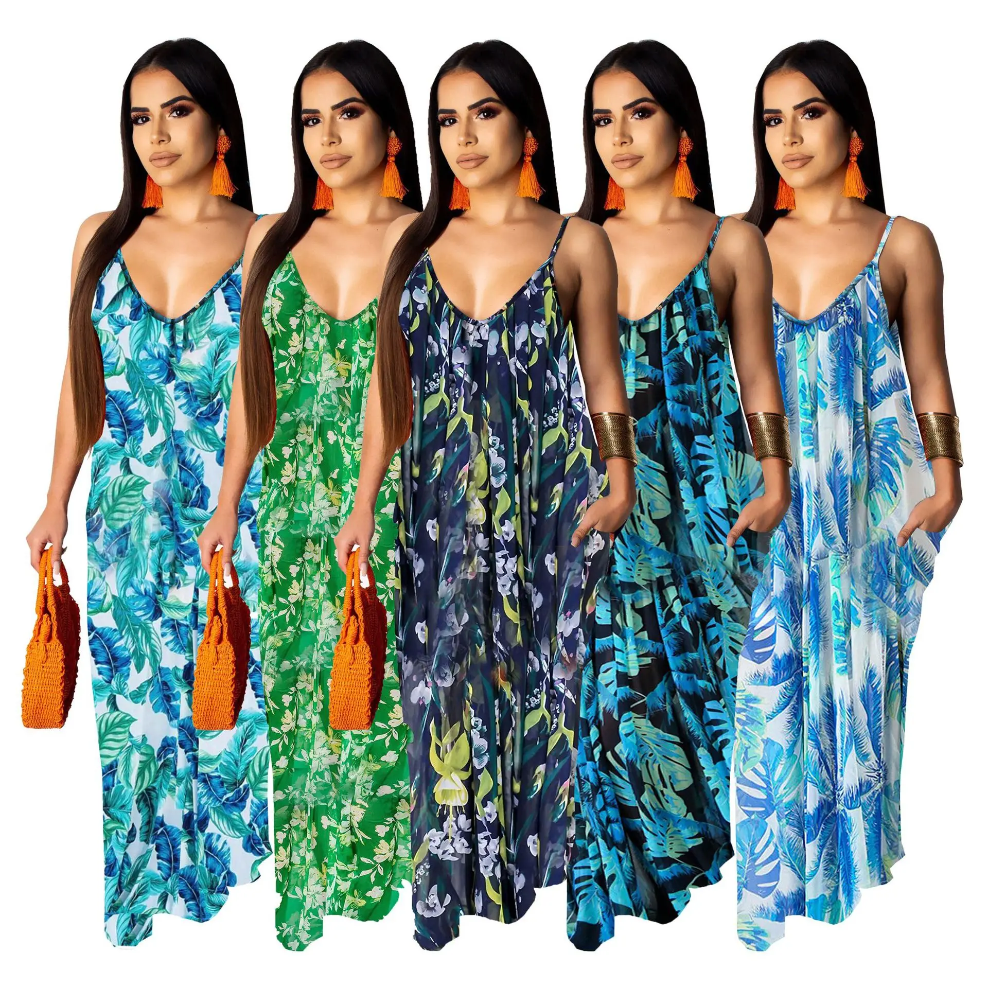 

10413-MX73 sehe fashion floral print v neck maxi dresses women with pockets