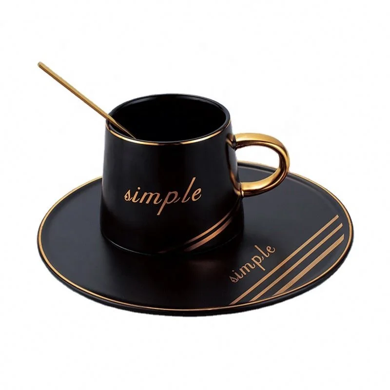 

New Wholesale Tea Coffee Cup Set Golden Handle Ceramic Cup Set With Saucer And Spoon 200Ml, Same as picture or customized