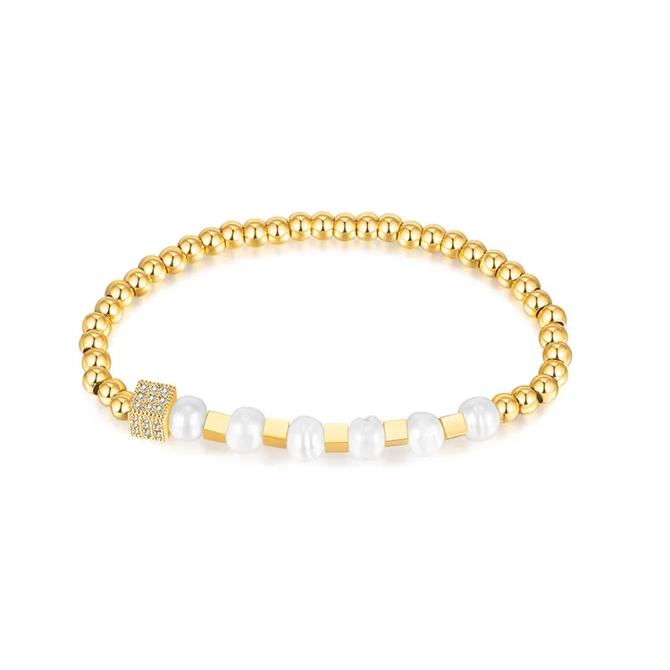 

G2034 Vintage Cubic Zirconia Jewelry PVD Gold Plated Wholesale Bracelets Women Freshwater Pearl Stainless Steel Beaded Bracelets