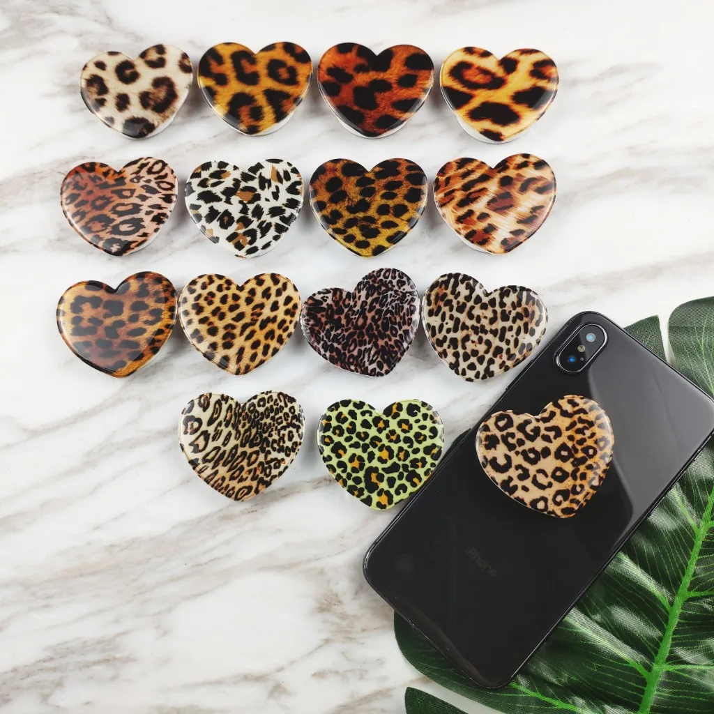 

Heart Shape Flexible Leopard Grain Cell Phone Stent Collapsible Finger Phone Socket Stand Holder