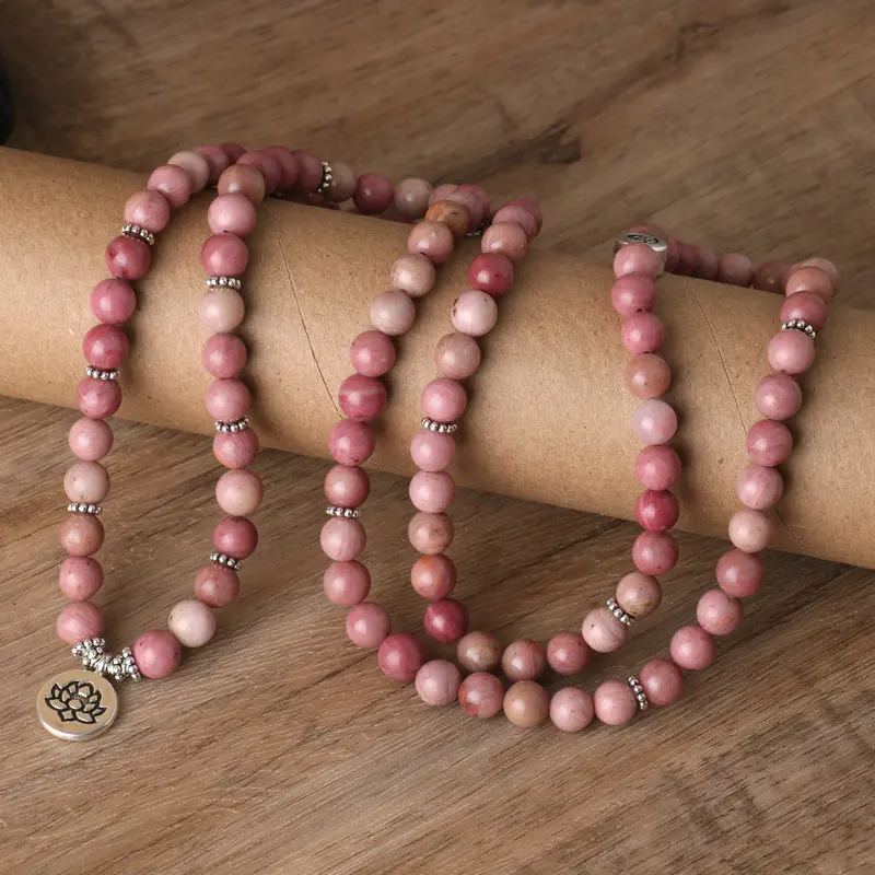 

8mm Rhodonite Gemstone Necklace for Women Yoga Meditation Handmade Lotus Pendant Charm Japamala Beaded Necklace