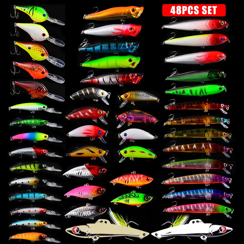 

48Pcs Assorted Bass Soft Fishing Hard Fishing Lure Set Kit, Colorful Minnow Popper Crank Vib Fishing Lures Set, Multi colors