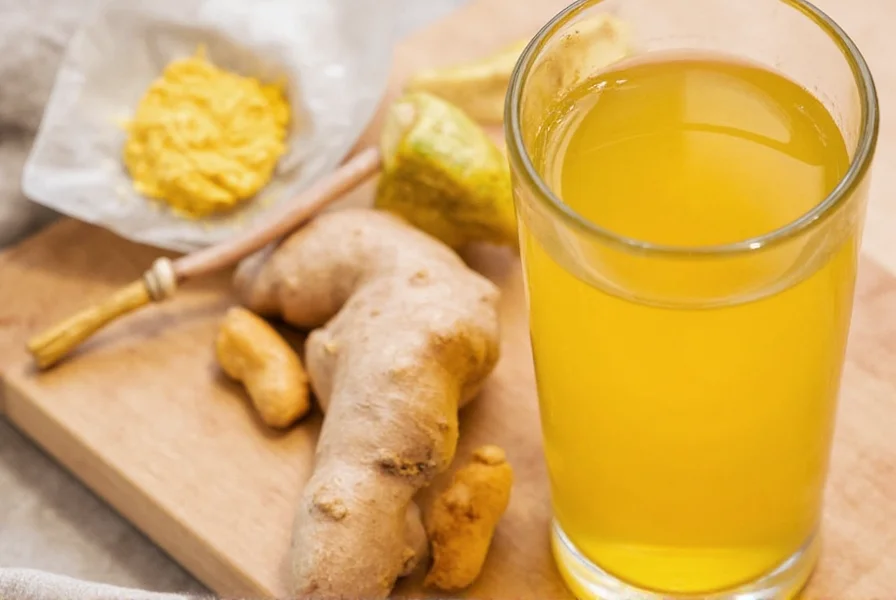 Properly measured ginger turmeric shot in a small glass