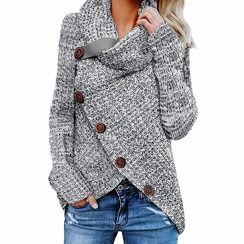 

Winter Ladies Heather Gray Buttoned Wrap Turtleneck Women Sweater