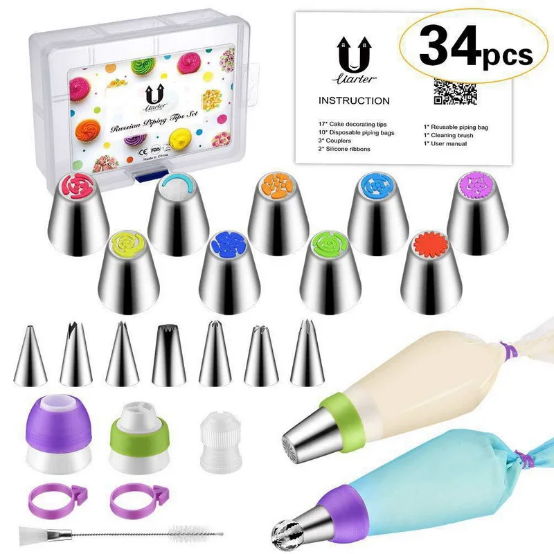 

34 pieces torch pastry bag converter purple silicone tie ring brush russian piping tips cake decorating nozzle set, As picture