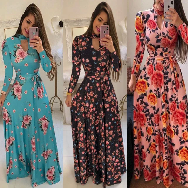 

Woman Casual Long Sleeve Dresses Printed Summer Plus Size Dress Women