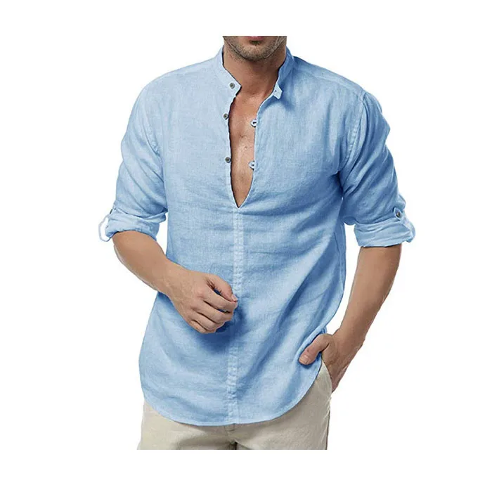 Men's Long Sleeve Henley Shirt Cotton Linen Beach Yoga Loose Fit Tops Blouse US
